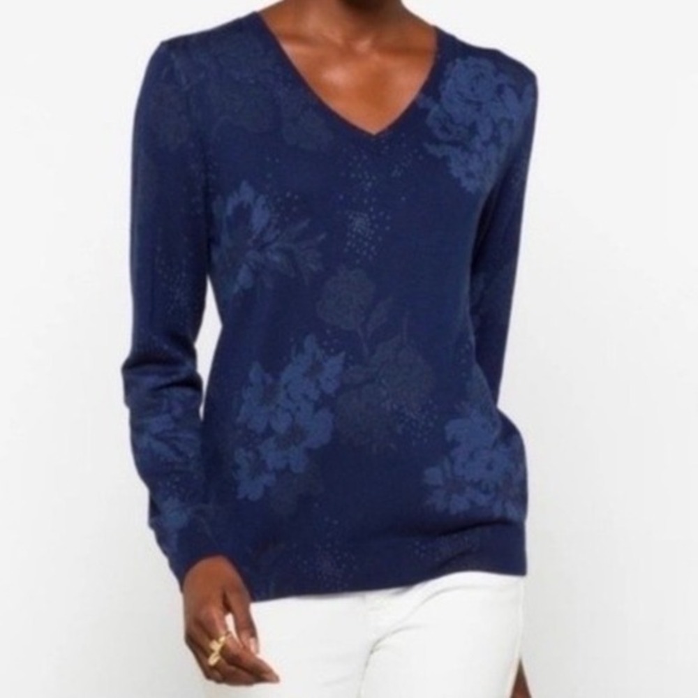 NWT Daniel Rainn‎ Ari V Neck Floral Navy Blue Cashmere Blend Sweater XXL